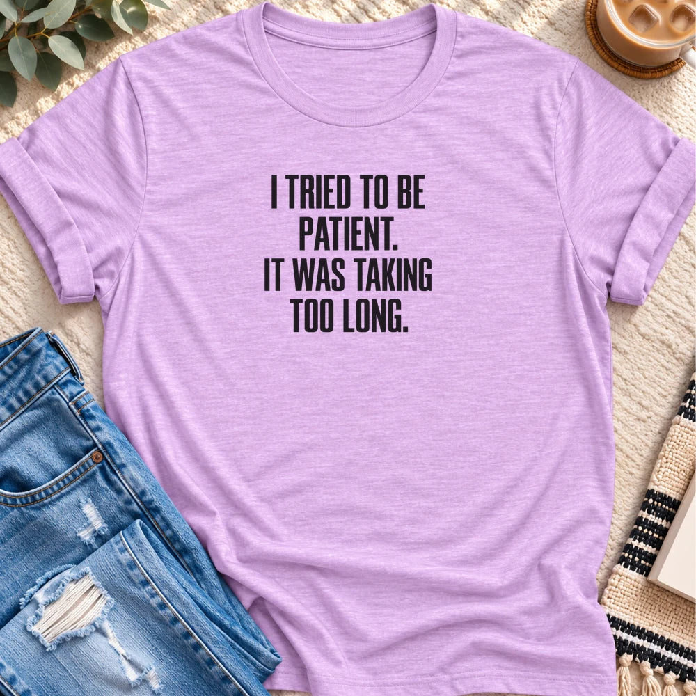I Tried to Be Patient T-shirt in Heather Prism Lilac - Quiet Chaos Co unisex mental health tee