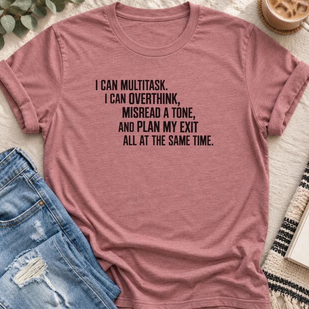 Multitask, Overthink, Plan My Exit T-Shirt in Heather Mauve - Quiet Chaos Co unisex mental health tee