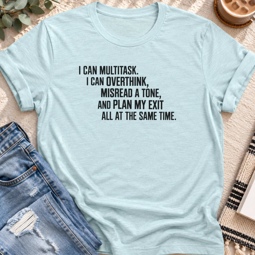 Multitask, Overthink, Plan My Exit T-Shirt in Heather Prism Ice Blue - Quiet Chaos Co unisex mental health tee