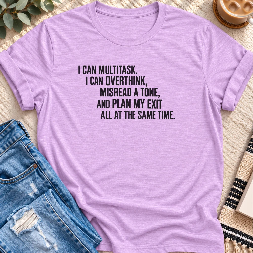 Multitask, Overthink, Plan My Exit T-Shirt in Heather Prism Lilac - Quiet Chaos Co unisex mental health tee