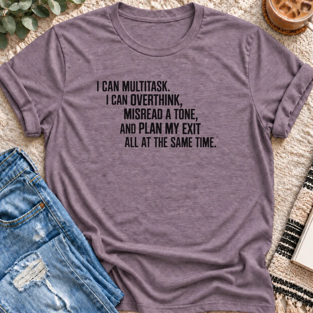 Multitask, Overthink, Plan My Exit T-Shirt in Heather Purple - Quiet Chaos Co unisex mental health tee