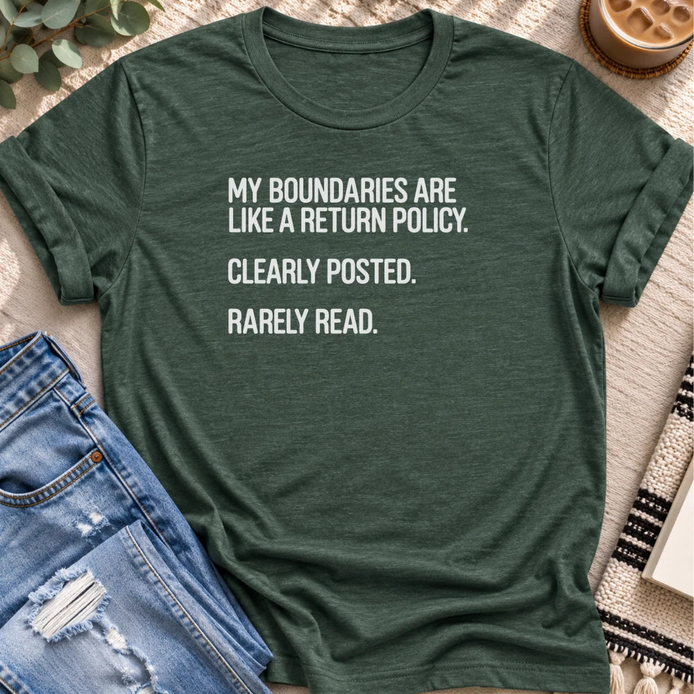 My Boundaries Are Like a Return Policy T-shirt in Heather Forest - Quiet Chaos Co unisex mental health tee