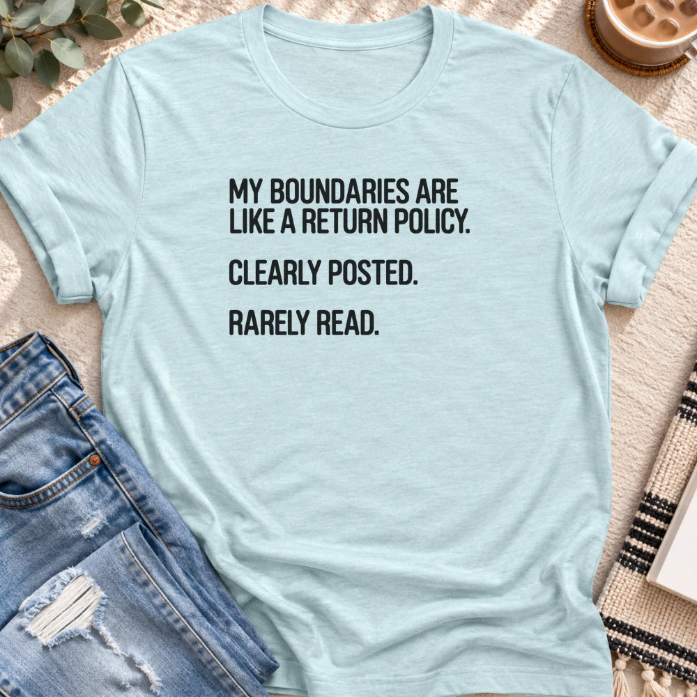 My Boundaries Are Like a Return Policy T-shirt in Heather Prism Ice Blue - Quiet Chaos Co unisex mental health tee