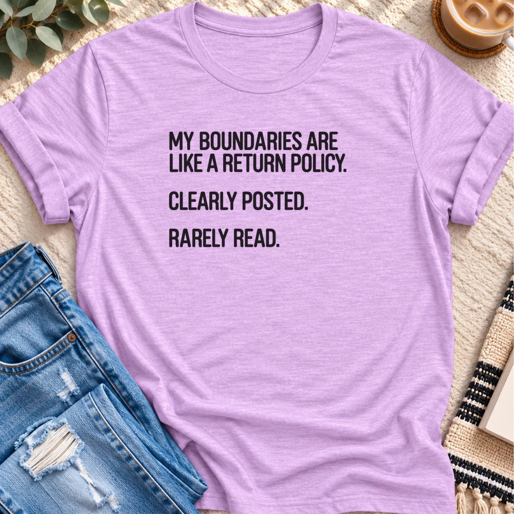 My Boundaries Are Like a Return Policy T-shirt in Heather Prism Lilac - Quiet Chaos Co unisex mental health tee