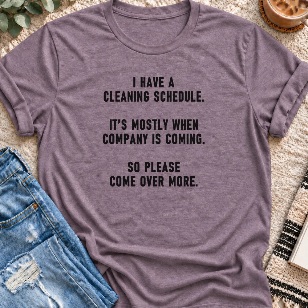 My Cleaning Schedule Is Company Coming T-shirt in Heather Purple - Quiet Chaos Co unisex mental health tee