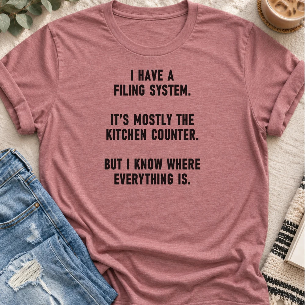 My Filing System Is the Kitchen Counter T-shirt in Heather Mauve - Quiet Chaos Co unisex mental health tee