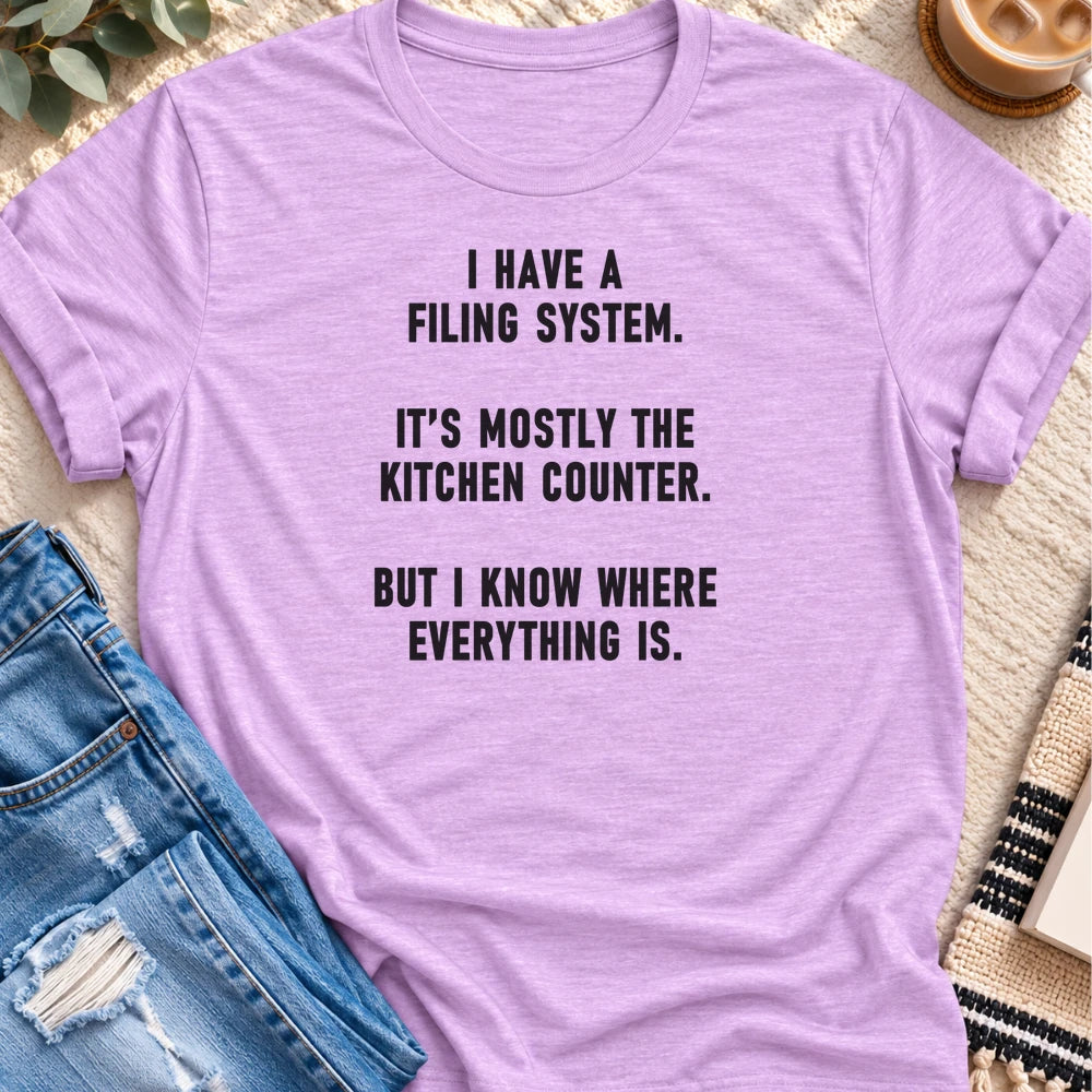 My Filing System Is the Kitchen Counter T-shirt in Heather Prism Lilac - Quiet Chaos Co unisex mental health tee