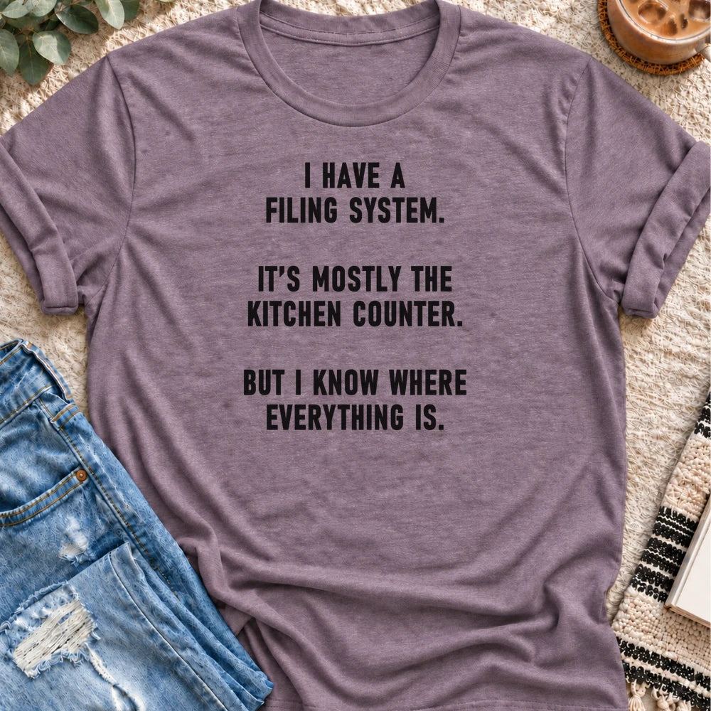 My Filing System Is the Kitchen Counter T-shirt in Heather Purple - Quiet Chaos Co unisex mental health tee