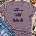 My Laundry System Is Mostly the Chair T-shirt in Heather Purple - Quiet Chaos Co unisex mental health tee