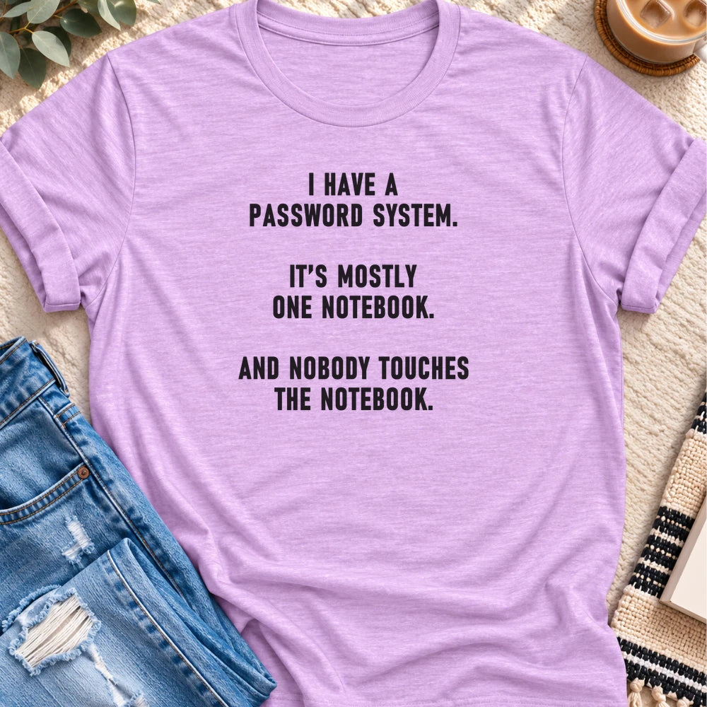 My Password System Is One Notebook T-shirt in Heather Prism Lilac - Quiet Chaos Co unisex mental health tee
