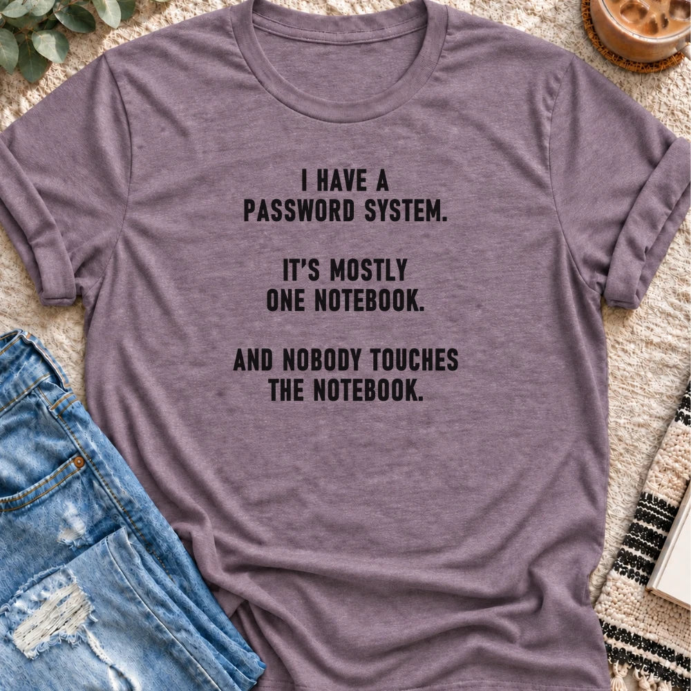 My Password System Is One Notebook T-shirt in Heather Purple - Quiet Chaos Co unisex mental health tee