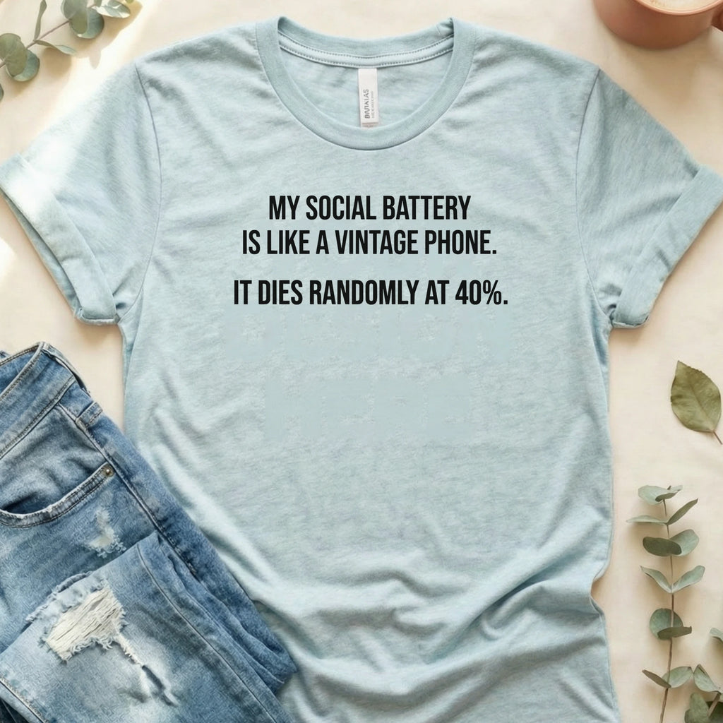 My Social Battery Is Like a Vintage Phone T-Shirt – Heather Prism Ice Blue Bella Canvas Unisex Tee | Quiet Chaos Co