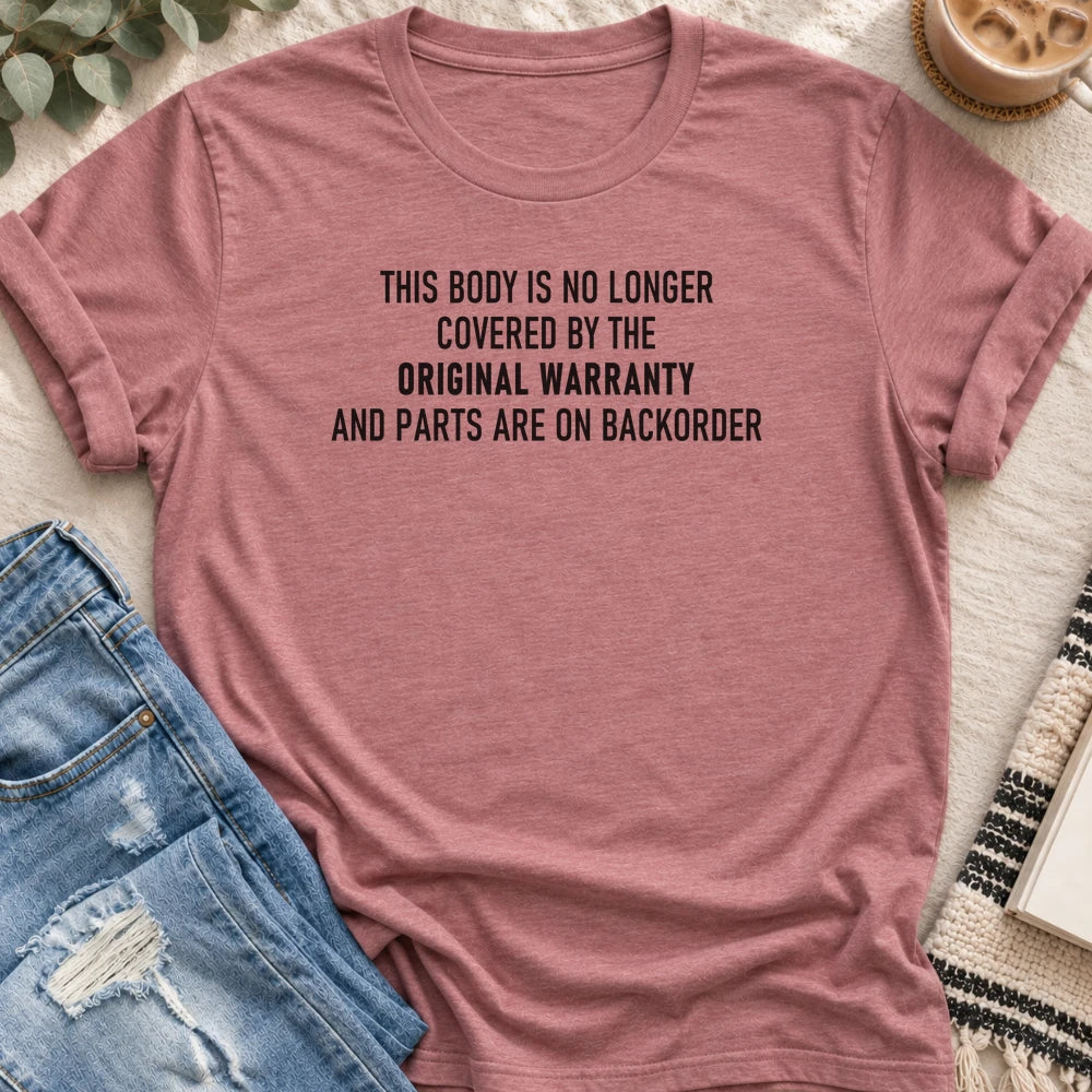 No Longer Covered by the Original Warranty T-shirt in Heather Mauve - Quiet Chaos Co unisex mental health tee