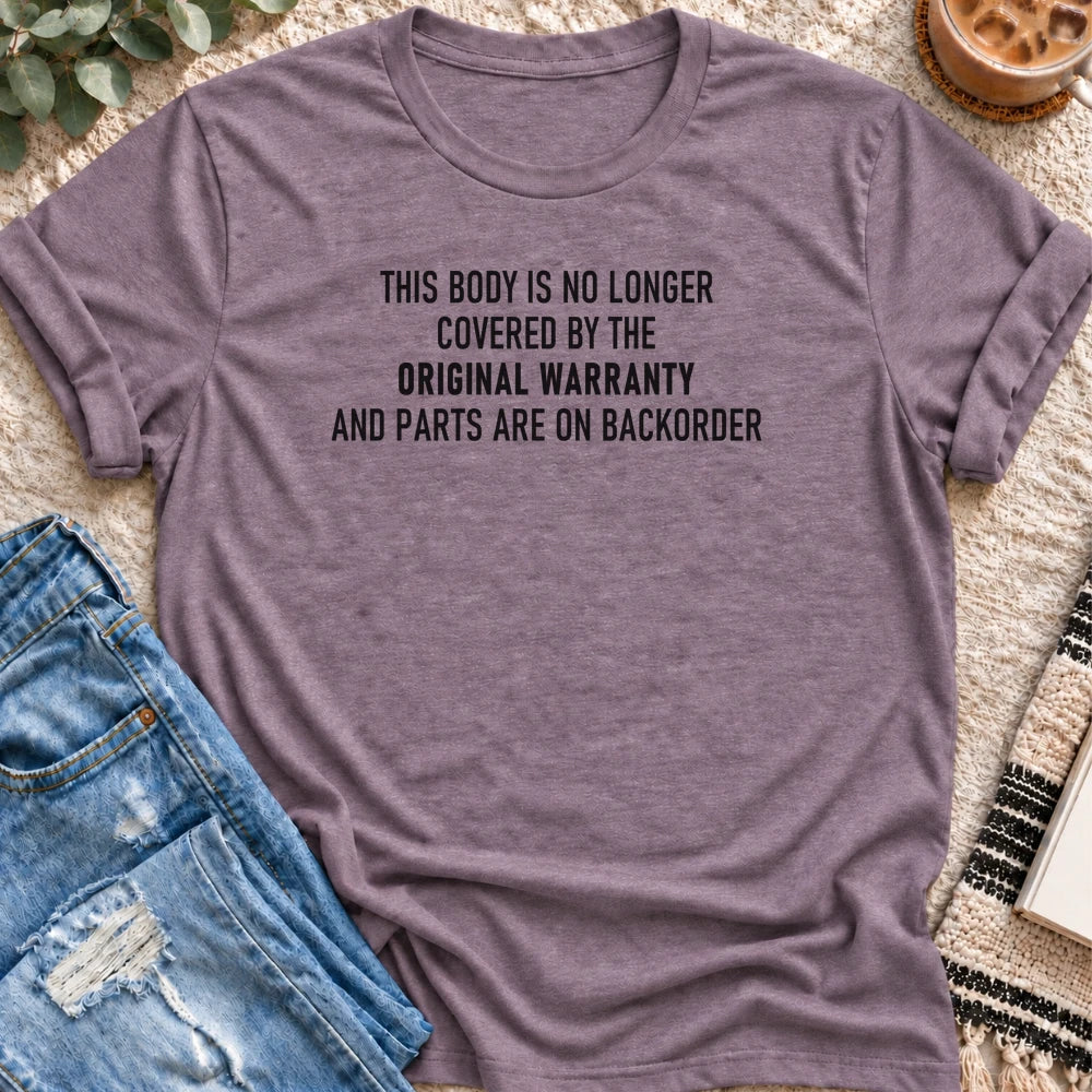 No Longer Covered by the Original Warranty T-shirt in Heather Purple - Quiet Chaos Co unisex mental health tee