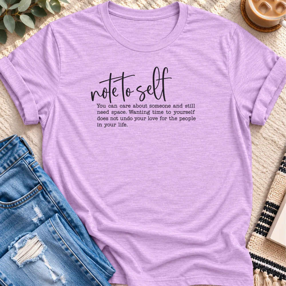 Note to Self, Still Need Space T-shirt in Heather Prism Lilac - Quiet Chaos Co unisex mental health tee