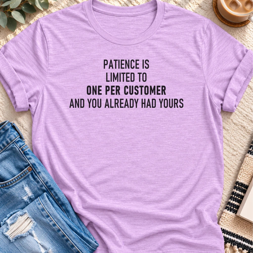 Patience Is Limited to One Per Customer T-shirt in Heather Prism Lilac - Quiet Chaos Co unisex mental health tee