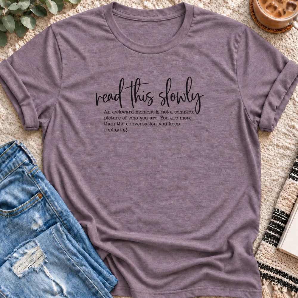 Read This Slowly, Awkward Moment T-shirt in Heather Purple - Quiet Chaos Co unisex mental health tee