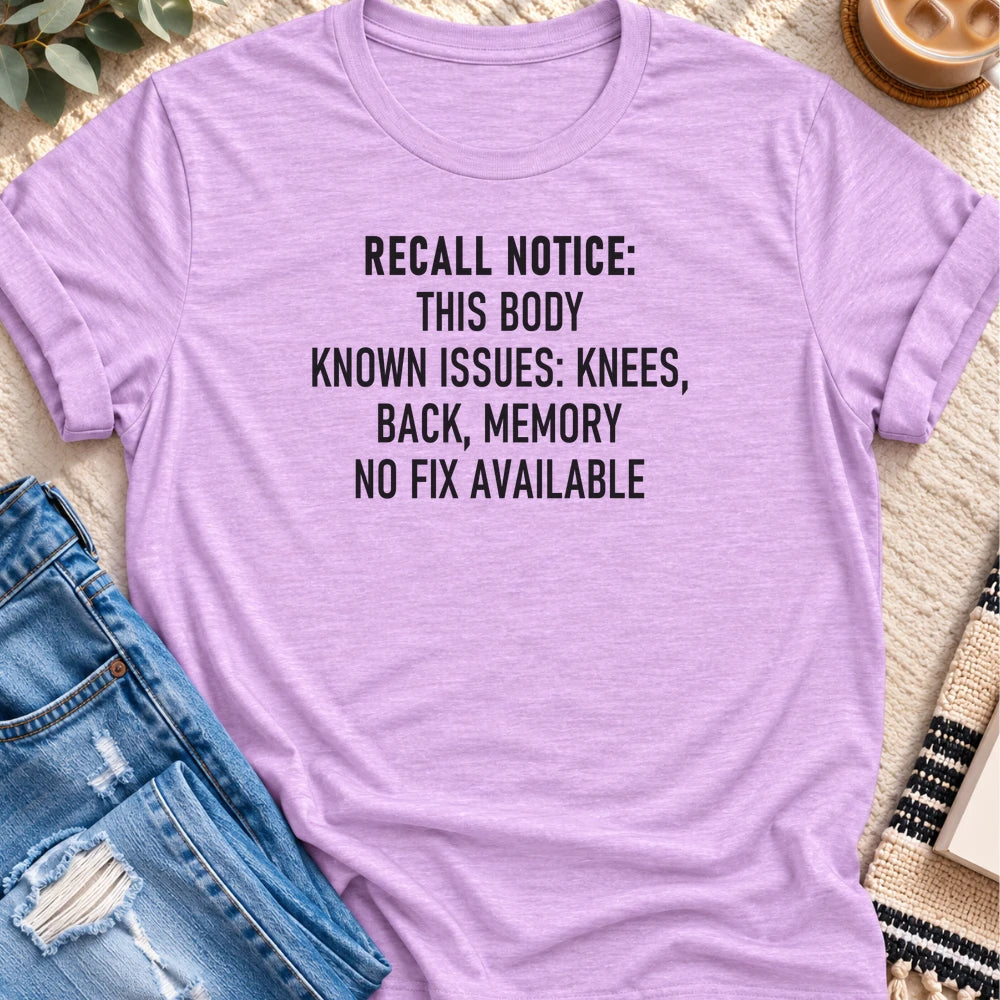 Recall Notice, This Body, No Fix Available T-shirt in Heather Prism Lilac - Quiet Chaos Co unisex mental health tee