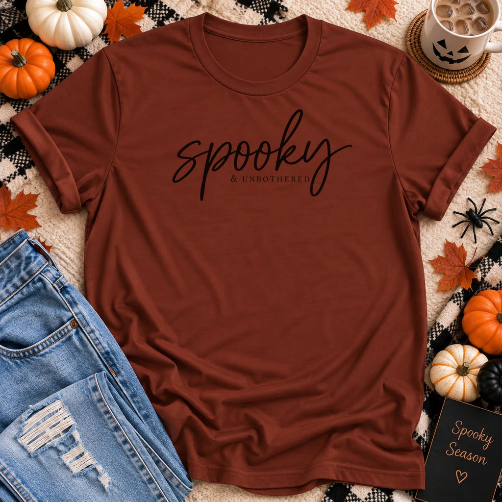 Spooky & Unbothered T-Shirt in Rust - Quiet Chaos Co unisex mental health tee