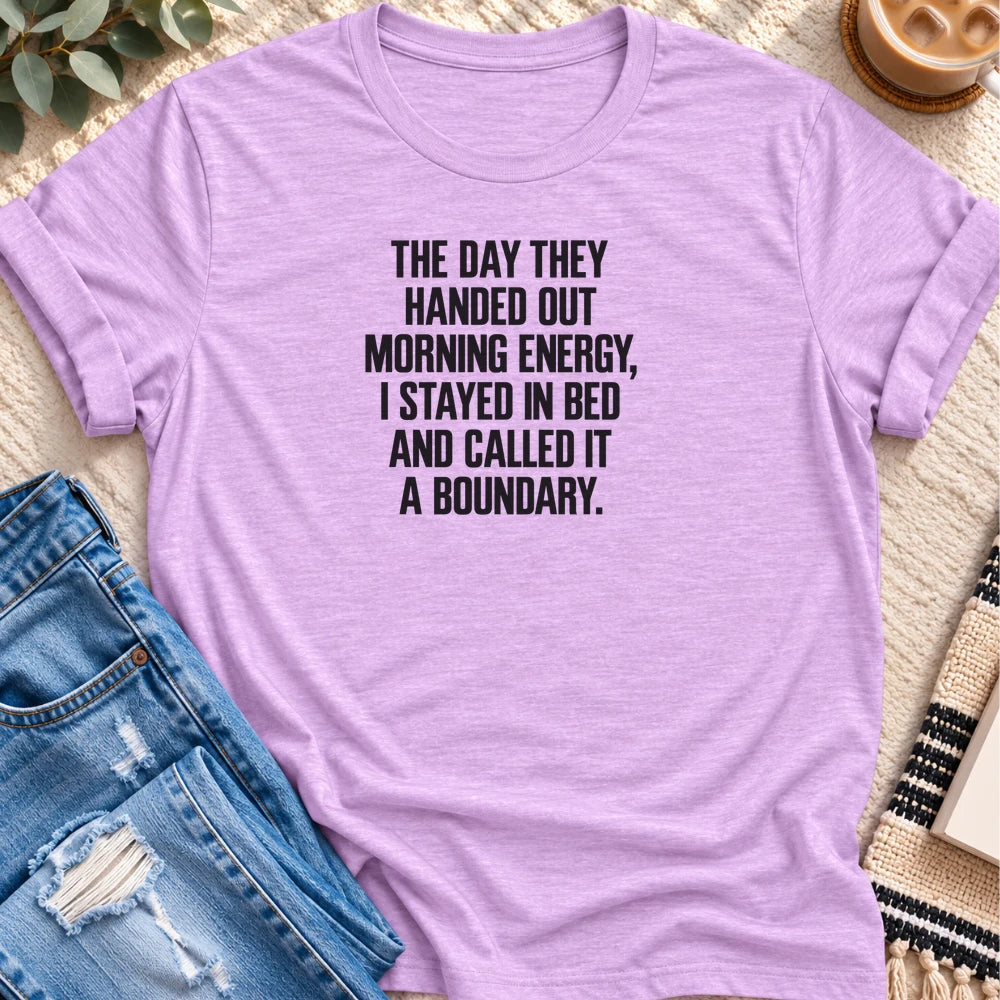 Stayed in Bed and Called It a Boundary T-shirt in Heather Prism Lilac - Quiet Chaos Co unisex mental health tee