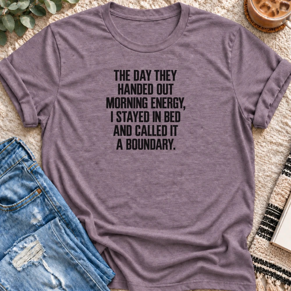 Stayed in Bed and Called It a Boundary T-shirt in Heather Purple - Quiet Chaos Co unisex mental health tee
