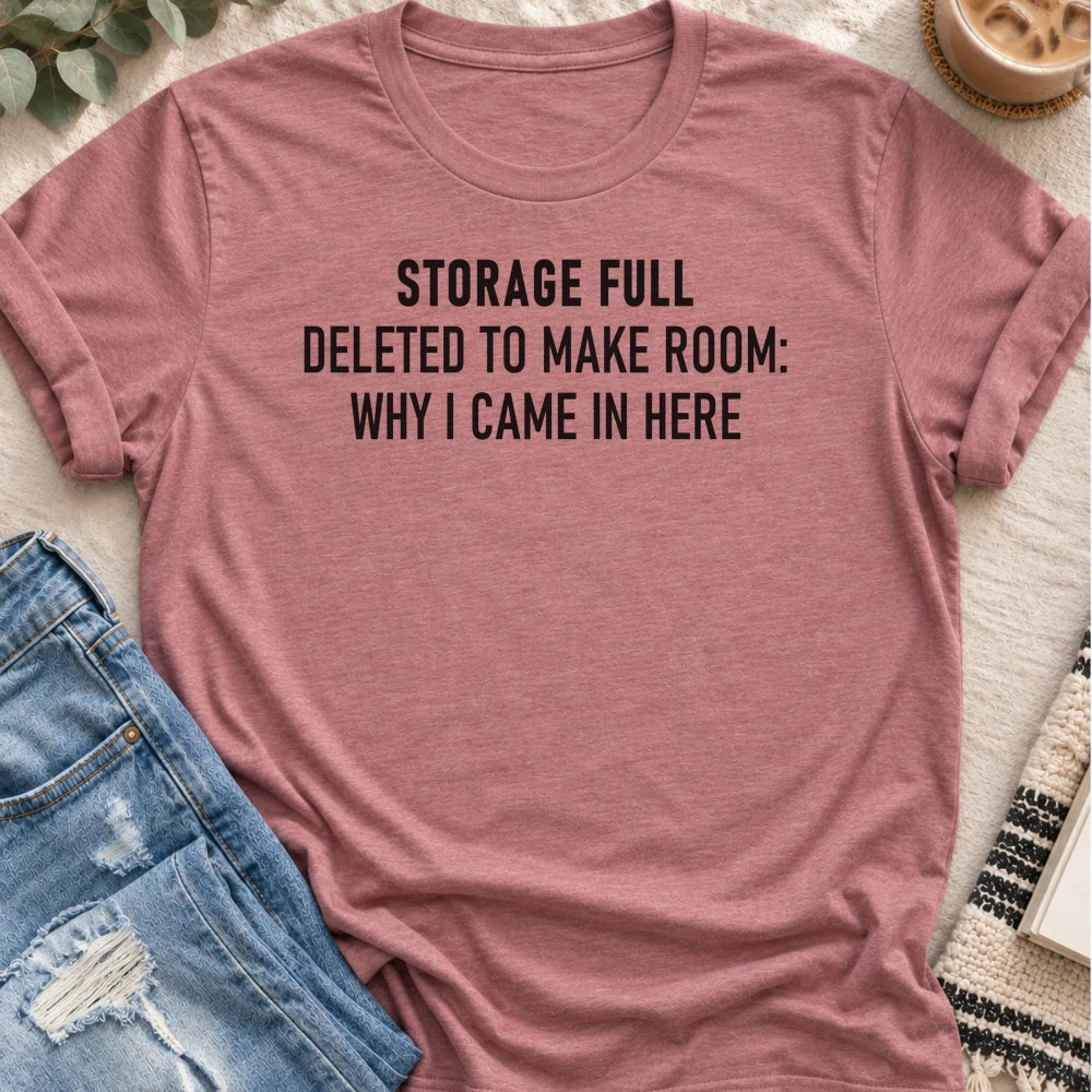 Storage Full, Deleted Why I Came in Here T-shirt in Heather Mauve - Quiet Chaos Co unisex mental health tee