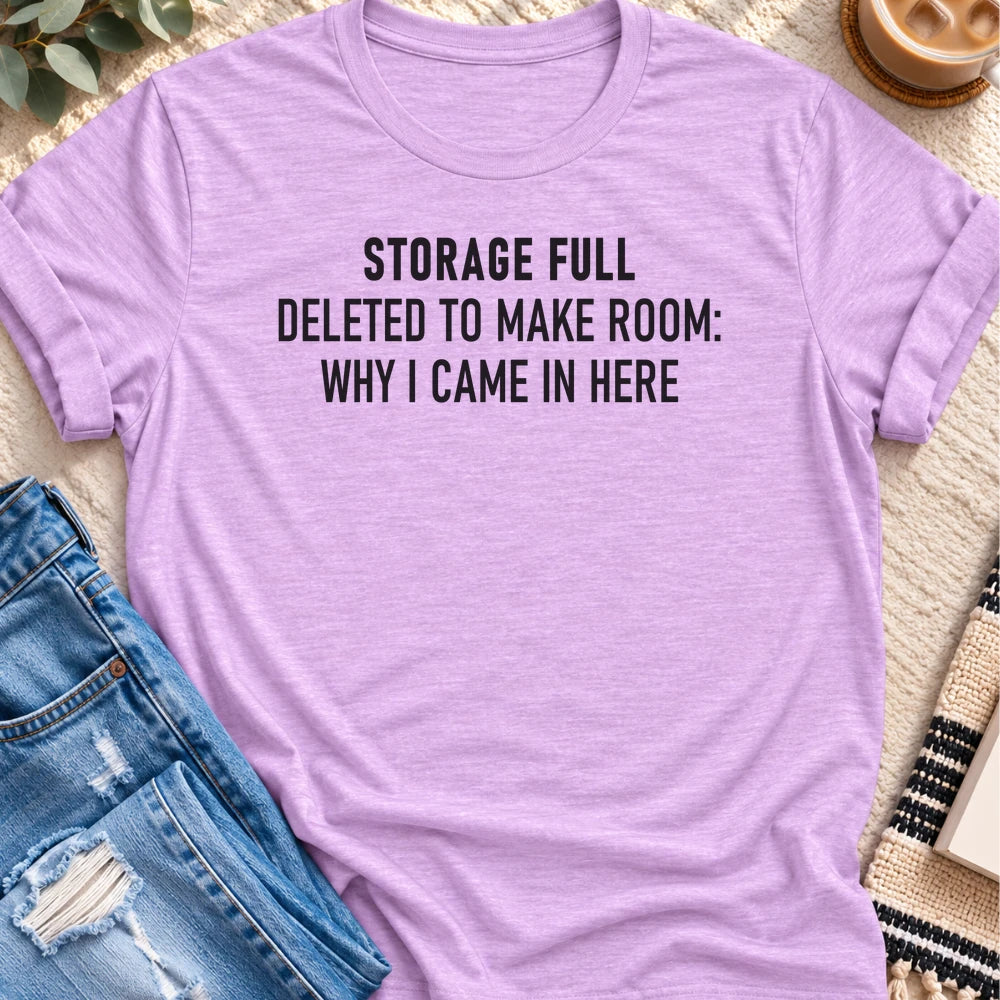 Storage Full, Deleted Why I Came in Here T-shirt in Heather Prism Lilac - Quiet Chaos Co unisex mental health tee