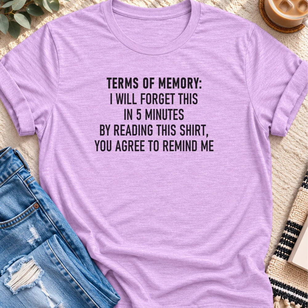 Terms of Memory, I'll Forget in 5 Minutes T-shirt in Heather Prism Lilac - Quiet Chaos Co unisex mental health tee