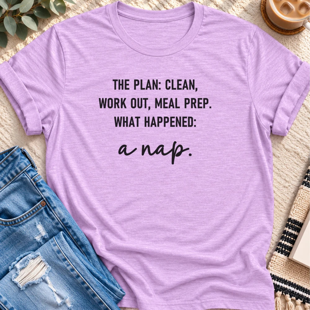 The Plan, and Then a Nap T-shirt in Heather Prism Lilac - Quiet Chaos Co unisex mental health tee