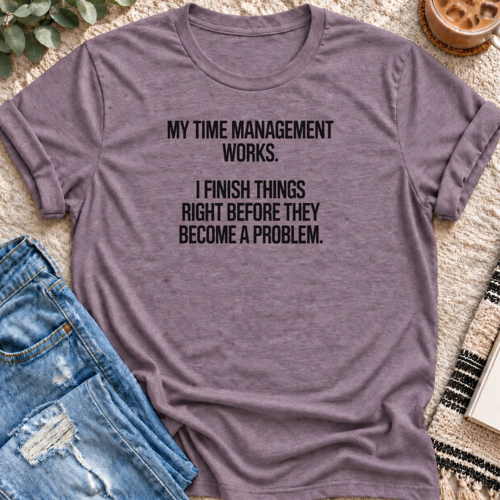 Time Management, Right Before a Problem T-shirt in Heather Purple - Quiet Chaos Co unisex mental health tee