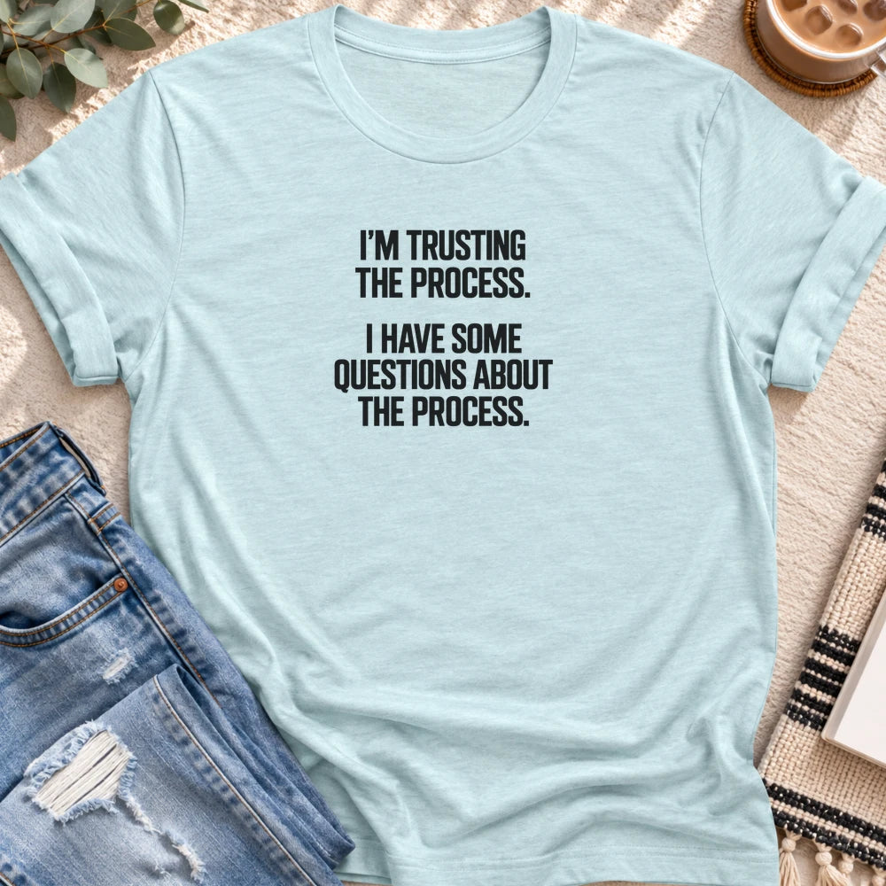 Trusting the Process, With Questions T-shirt in Heather Prism Ice Blue - Quiet Chaos Co unisex mental health tee