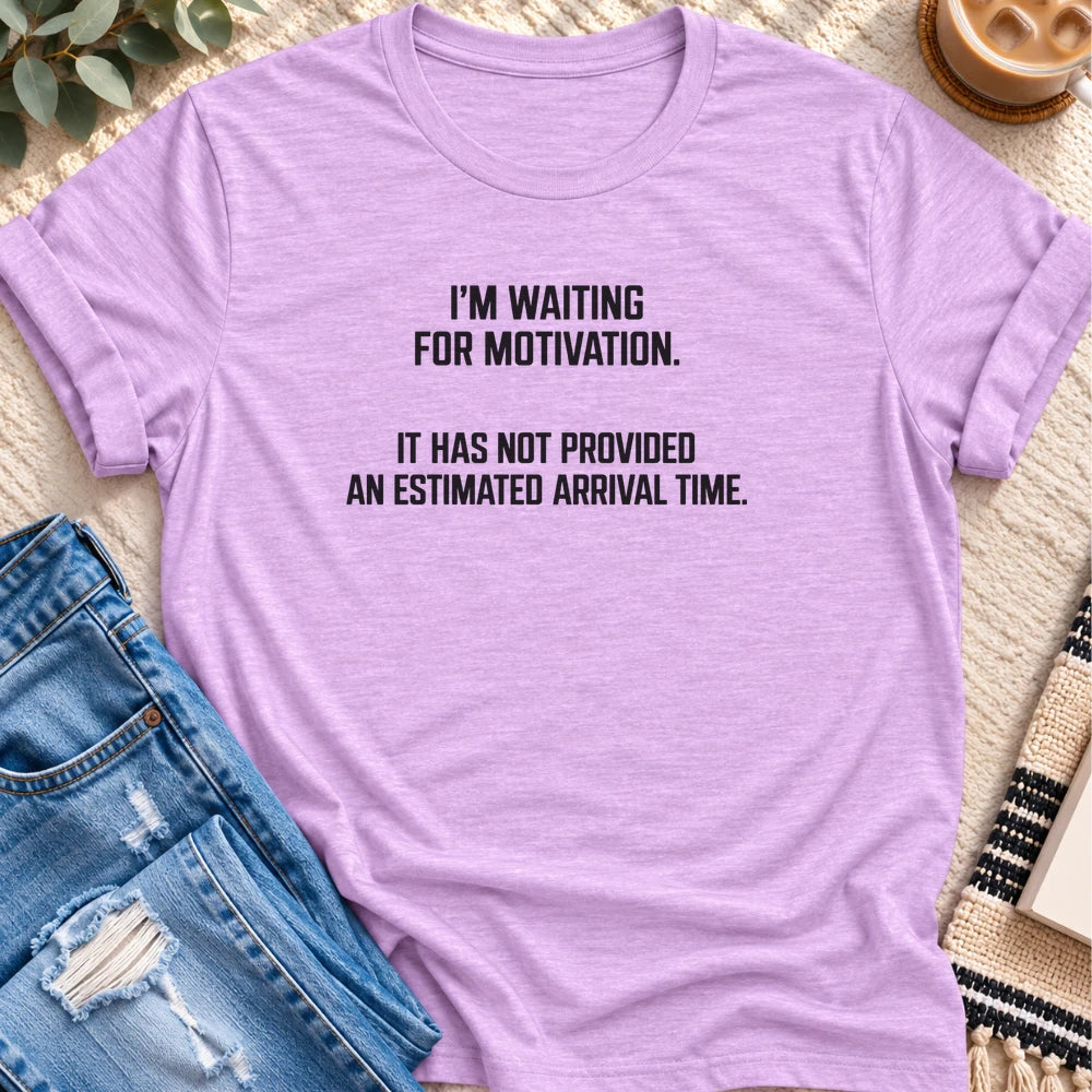 Waiting for Motivation, No Arrival Time T-Shirt in Heather Prism Lilac - Quiet Chaos Co unisex mental health tee