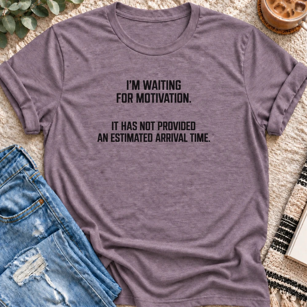 Waiting for Motivation, No Arrival Time T-Shirt in Heather Purple - Quiet Chaos Co unisex mental health tee