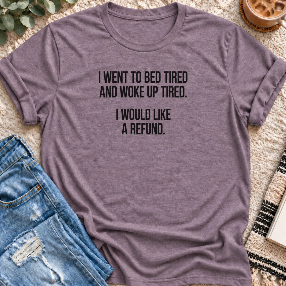 Went to Bed Tired, Woke Up Tired T-shirt in Heather Purple - Quiet Chaos Co unisex mental health tee