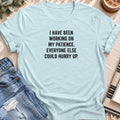 Working on My Patience, Hurry Up T-shirt in Heather Prism Ice Blue - Quiet Chaos Co unisex mental health tee