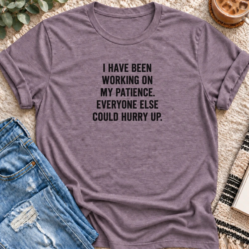 Working on My Patience, Hurry Up T-shirt in Heather Purple - Quiet Chaos Co unisex mental health tee